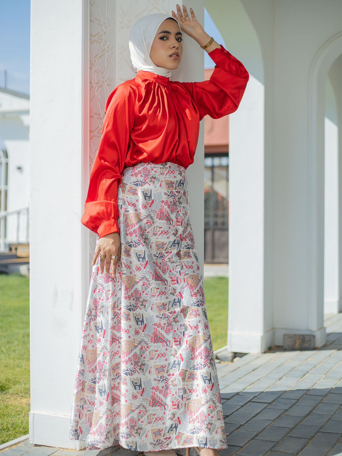Satin Skirt (White*Red)