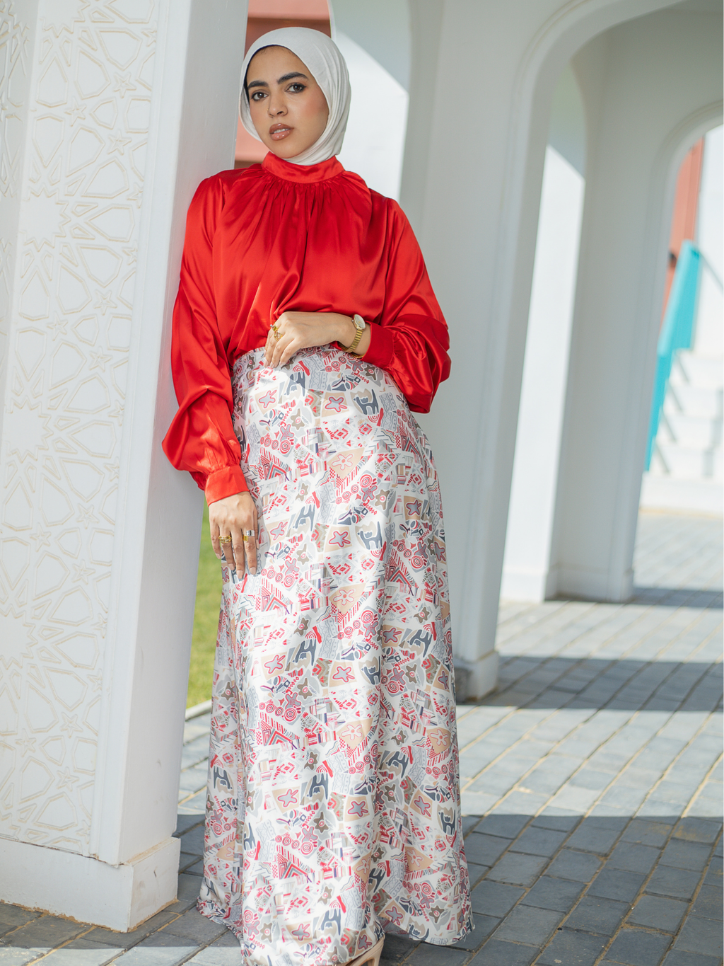Satin Skirt (White*Red)